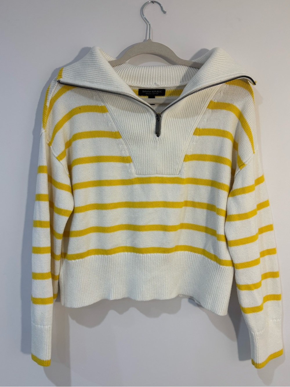 Banana Republic White & Yellow Striped Half-Zip Funnel Sweater
